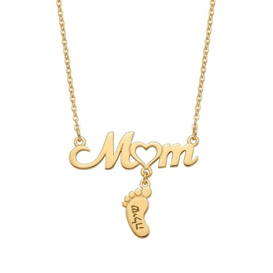 עם תליון רגל בעיצוב אישי מזהב 14 קראט MOM שרשרת שם